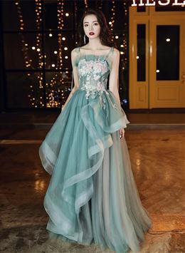 Picture of Pretty Green and Pink Tulle Straps Long Party Dresses Prom Dresses, A-line Formal Dresses 2022